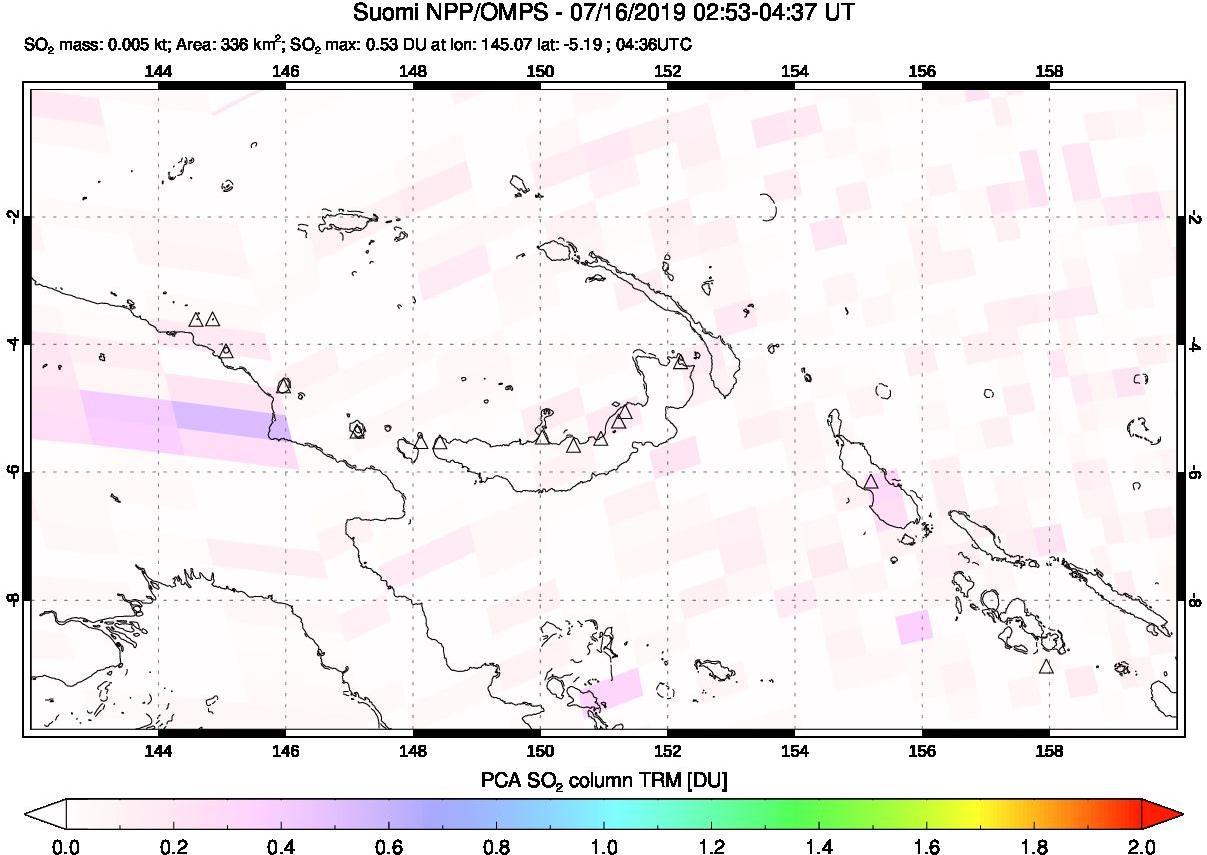 A sulfur dioxide image over Papua, New Guinea on Jul 16, 2019.