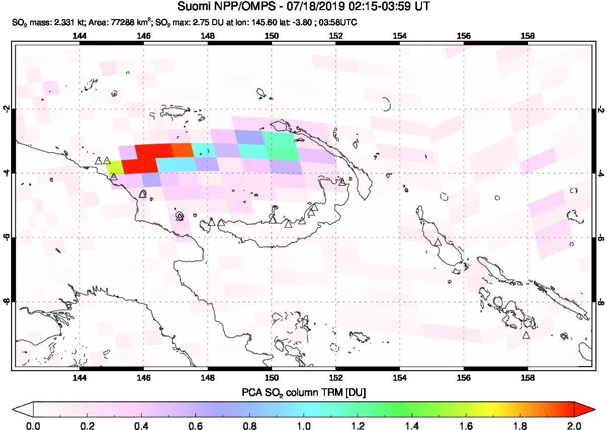 A sulfur dioxide image over Papua, New Guinea on Jul 18, 2019.