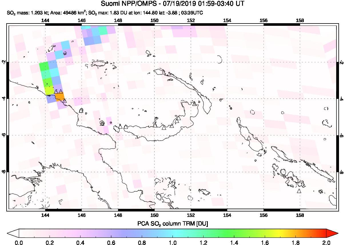 A sulfur dioxide image over Papua, New Guinea on Jul 19, 2019.