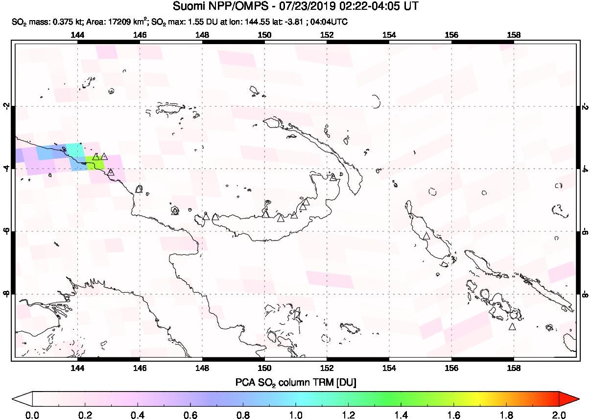 A sulfur dioxide image over Papua, New Guinea on Jul 23, 2019.