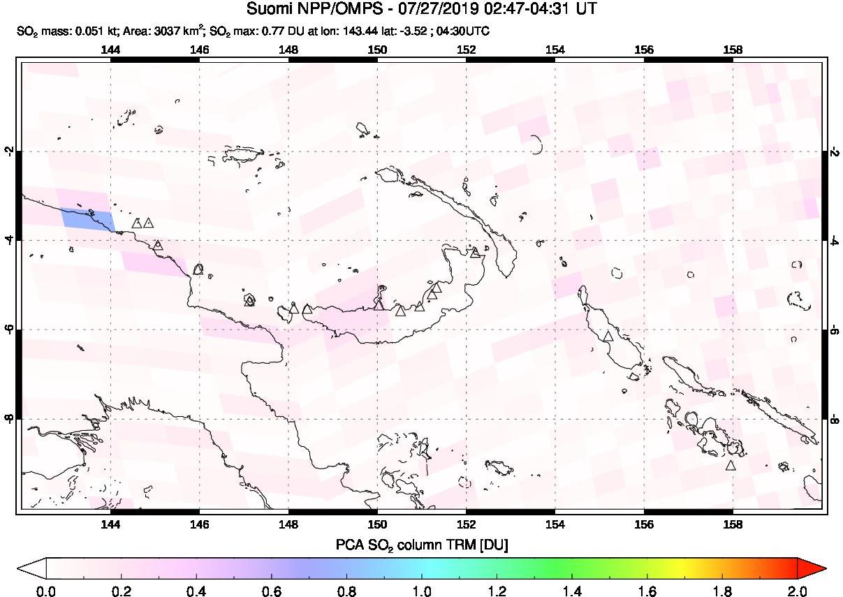 A sulfur dioxide image over Papua, New Guinea on Jul 27, 2019.