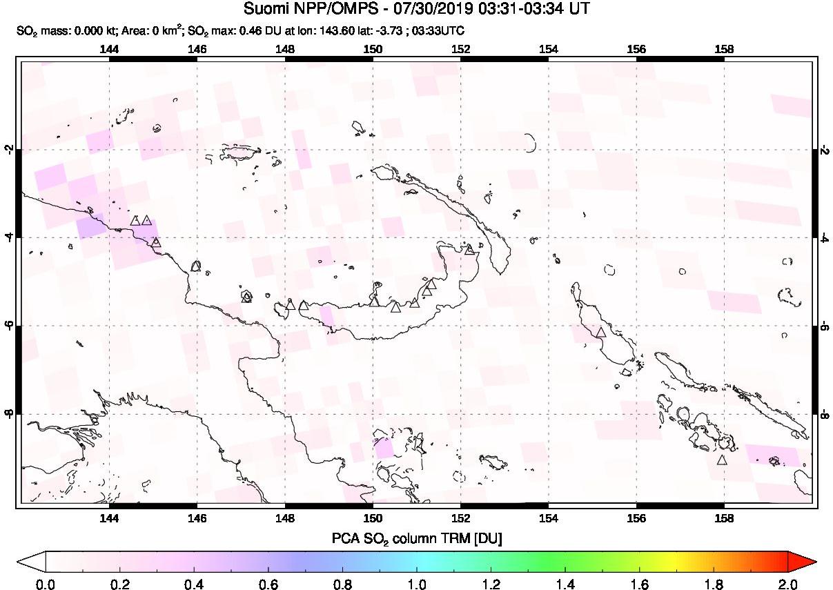 A sulfur dioxide image over Papua, New Guinea on Jul 30, 2019.