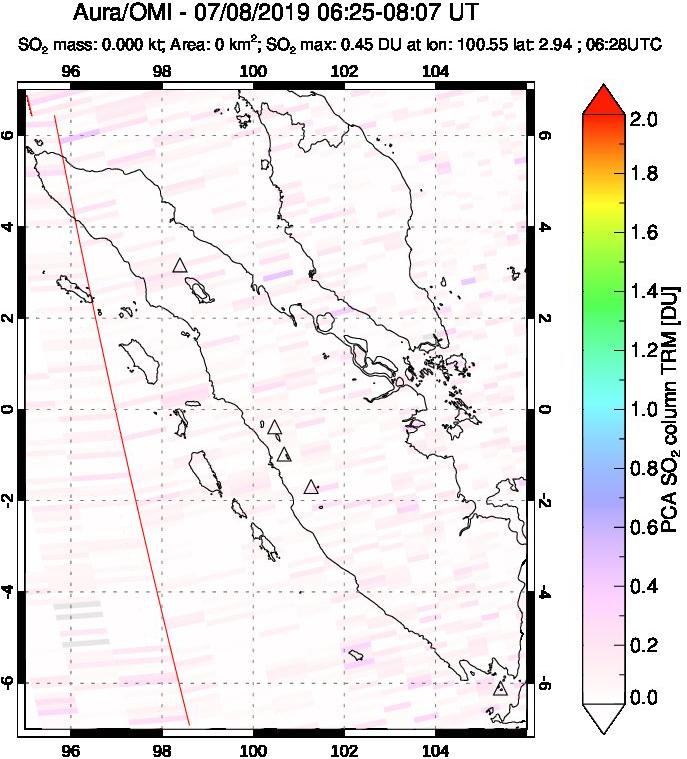 A sulfur dioxide image over Sumatra, Indonesia on Jul 08, 2019.