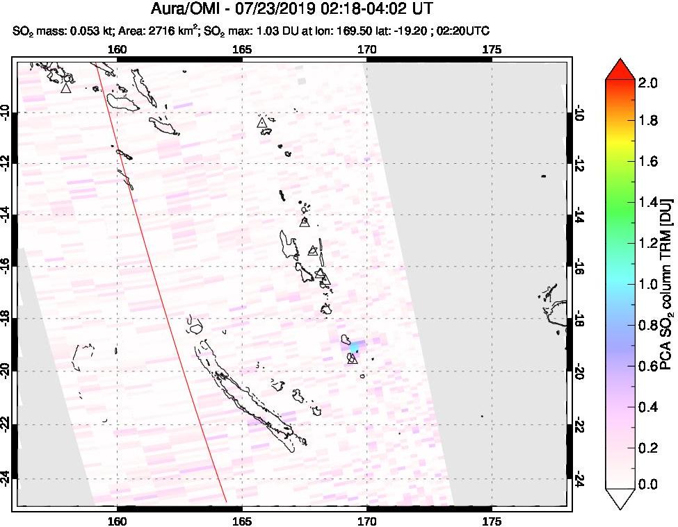 A sulfur dioxide image over Vanuatu, South Pacific on Jul 23, 2019.