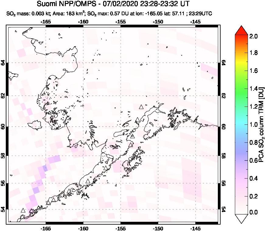 A sulfur dioxide image over Alaska, USA on Jul 02, 2020.