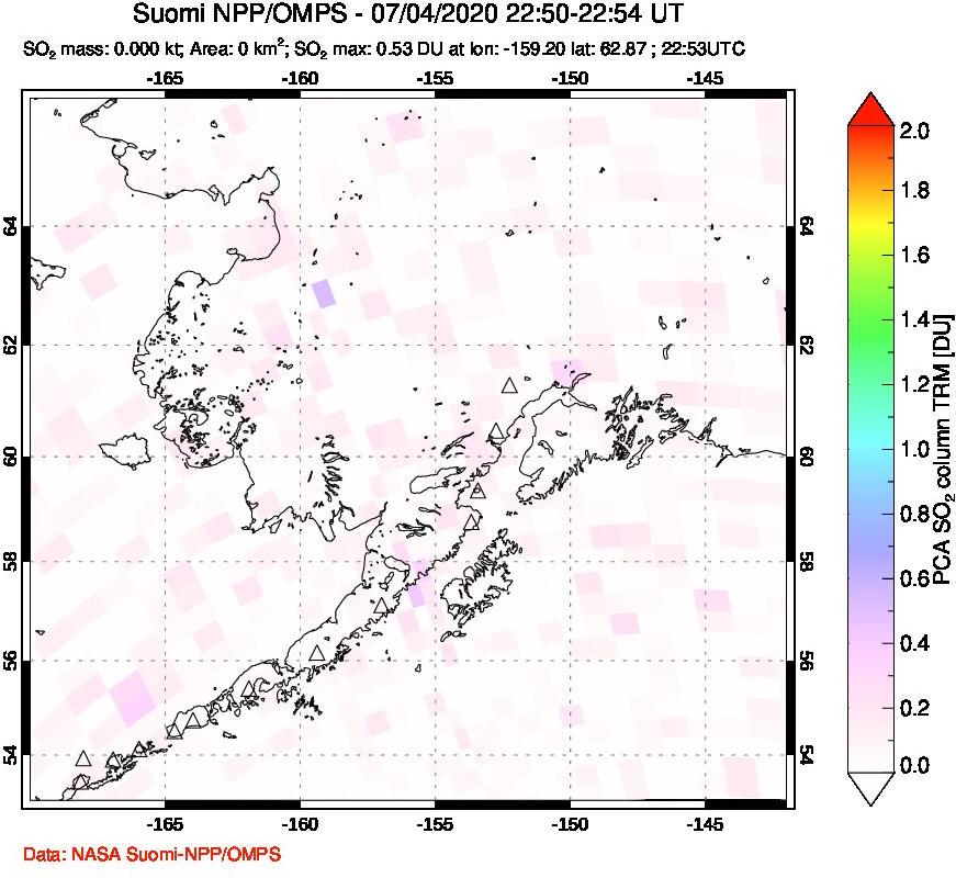 A sulfur dioxide image over Alaska, USA on Jul 04, 2020.