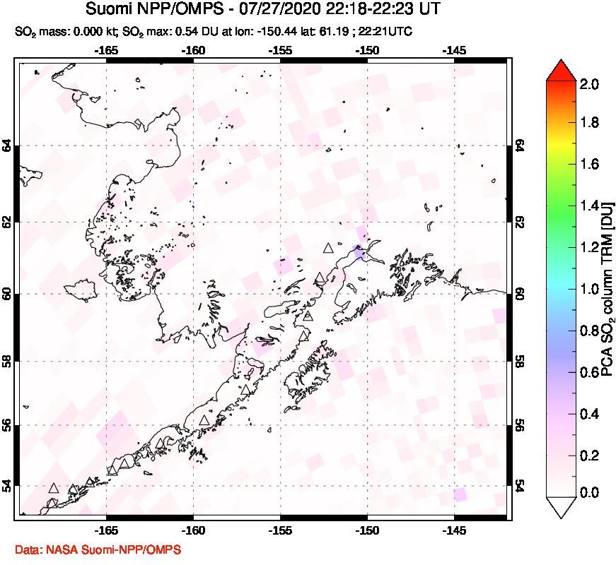 A sulfur dioxide image over Alaska, USA on Jul 27, 2020.