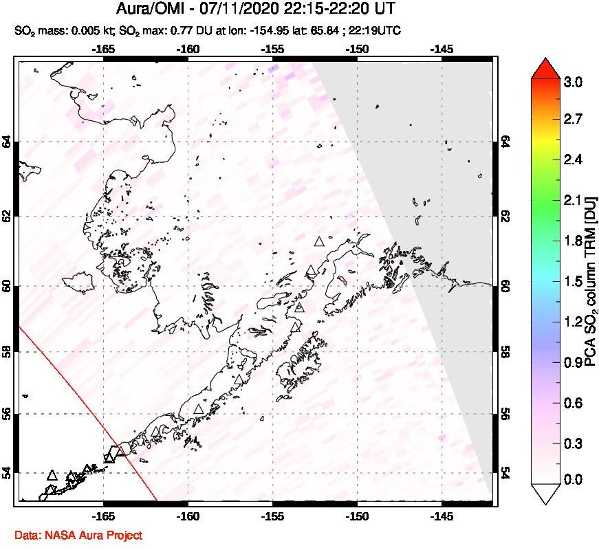 A sulfur dioxide image over Alaska, USA on Jul 11, 2020.