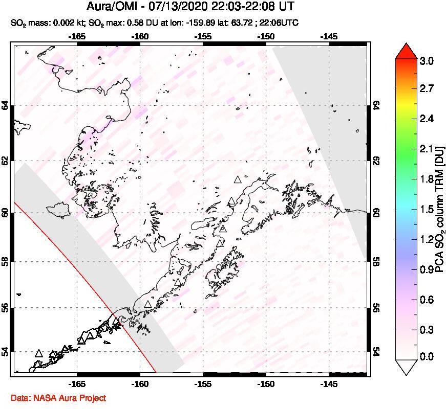 A sulfur dioxide image over Alaska, USA on Jul 13, 2020.
