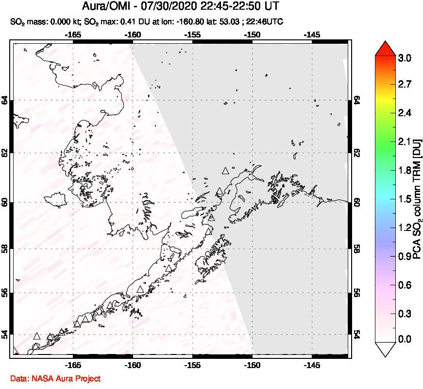 A sulfur dioxide image over Alaska, USA on Jul 30, 2020.