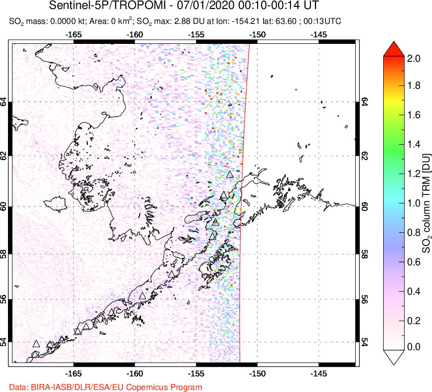 A sulfur dioxide image over Alaska, USA on Jul 01, 2020.