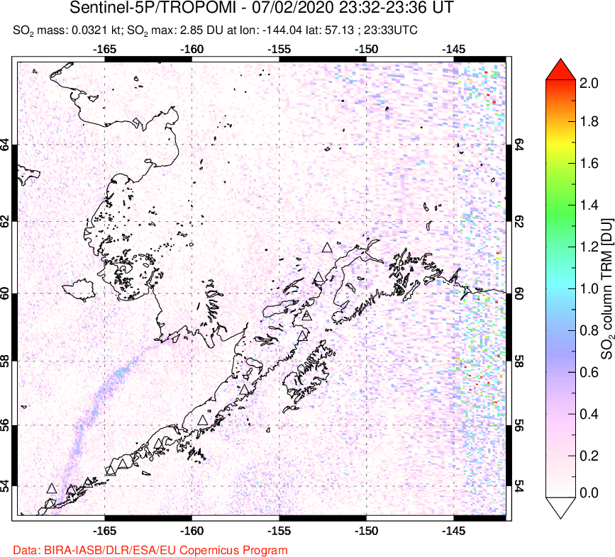 A sulfur dioxide image over Alaska, USA on Jul 02, 2020.