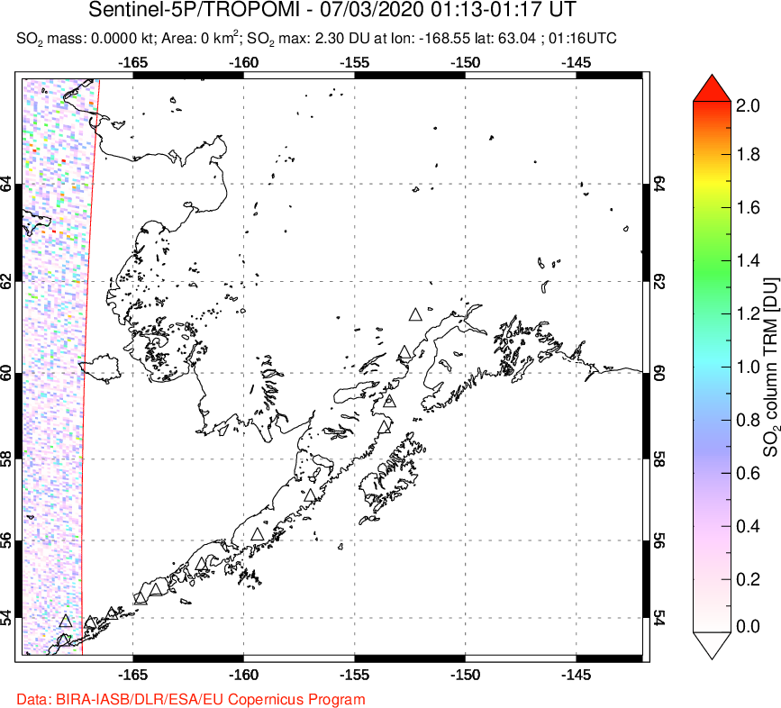 A sulfur dioxide image over Alaska, USA on Jul 03, 2020.