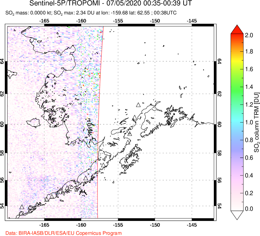A sulfur dioxide image over Alaska, USA on Jul 05, 2020.