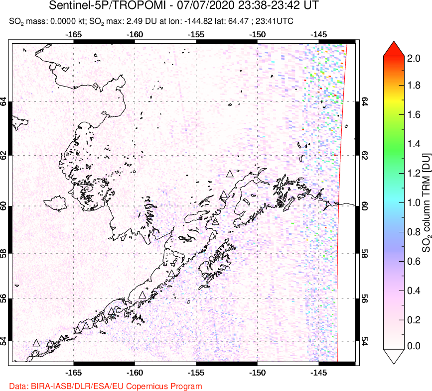 A sulfur dioxide image over Alaska, USA on Jul 07, 2020.