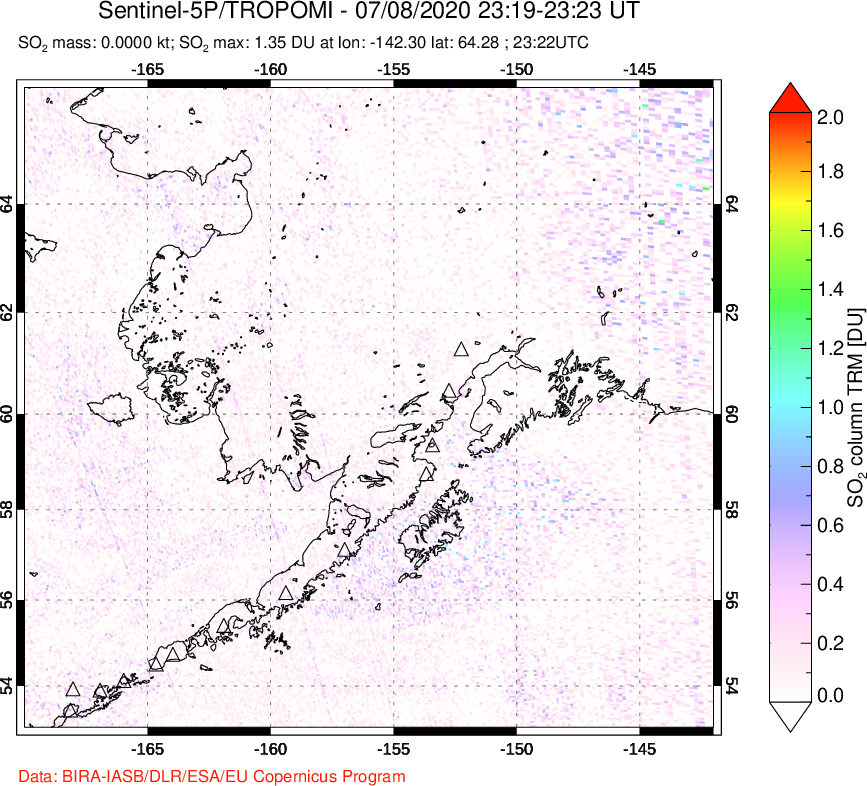 A sulfur dioxide image over Alaska, USA on Jul 08, 2020.