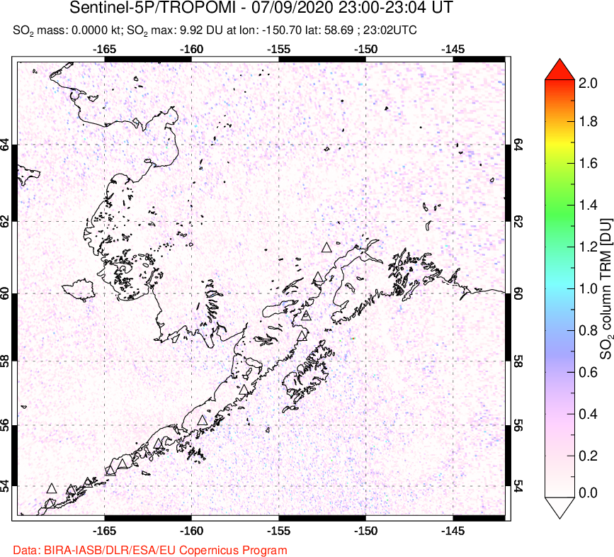 A sulfur dioxide image over Alaska, USA on Jul 09, 2020.