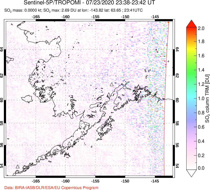 A sulfur dioxide image over Alaska, USA on Jul 23, 2020.
