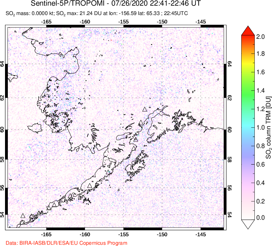 A sulfur dioxide image over Alaska, USA on Jul 26, 2020.
