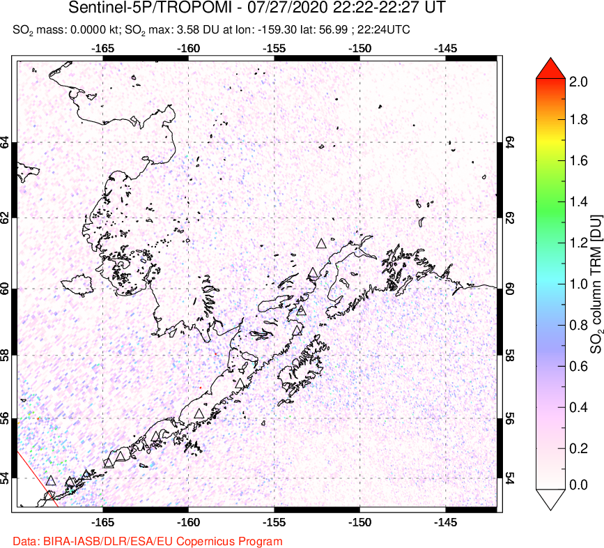 A sulfur dioxide image over Alaska, USA on Jul 27, 2020.