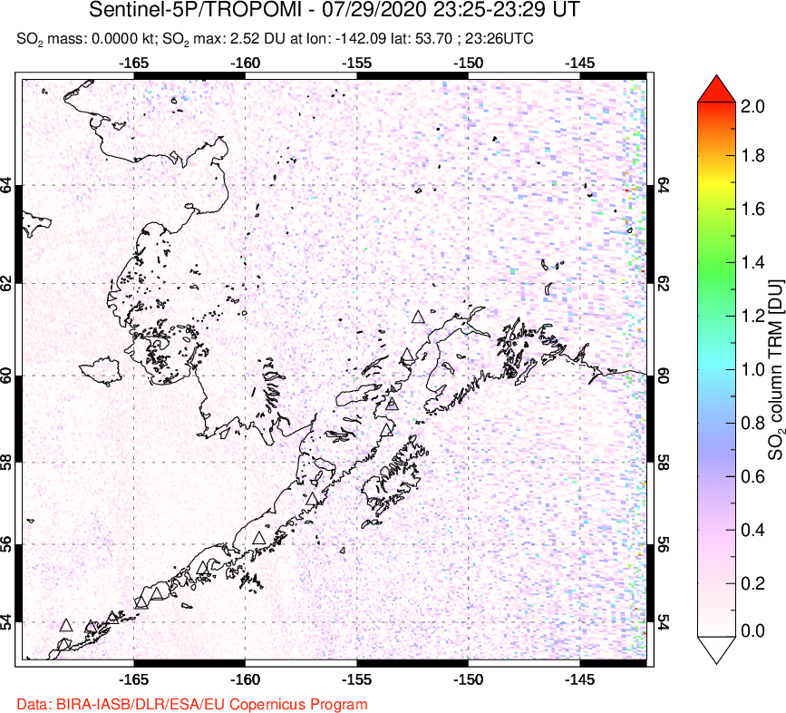 A sulfur dioxide image over Alaska, USA on Jul 29, 2020.