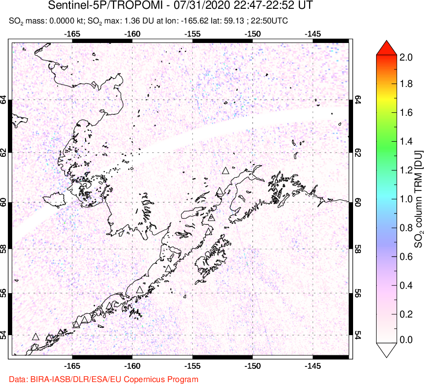A sulfur dioxide image over Alaska, USA on Jul 31, 2020.