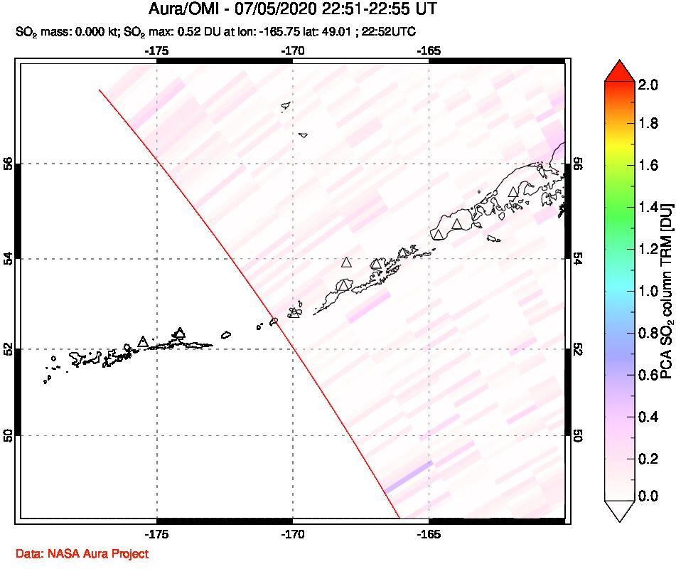 A sulfur dioxide image over Aleutian Islands, Alaska, USA on Jul 05, 2020.