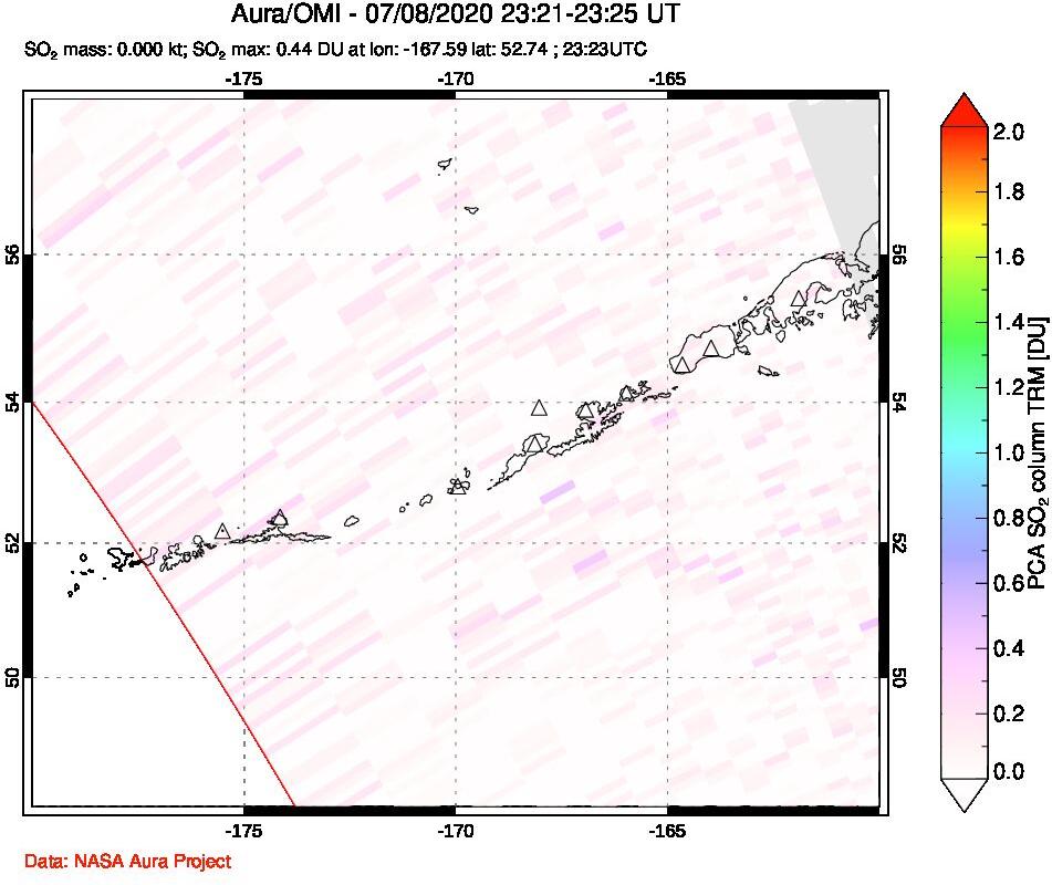 A sulfur dioxide image over Aleutian Islands, Alaska, USA on Jul 08, 2020.