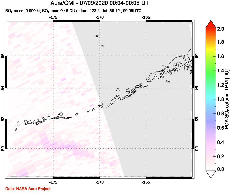 A sulfur dioxide image over Aleutian Islands, Alaska, USA on Jul 09, 2020.