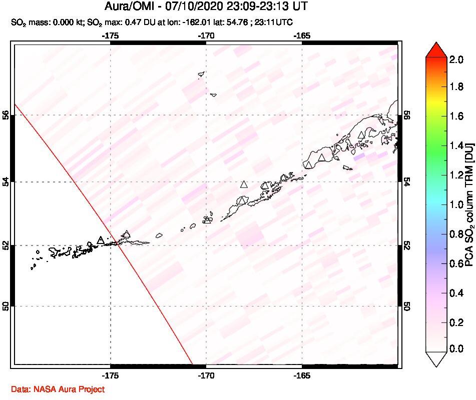A sulfur dioxide image over Aleutian Islands, Alaska, USA on Jul 10, 2020.