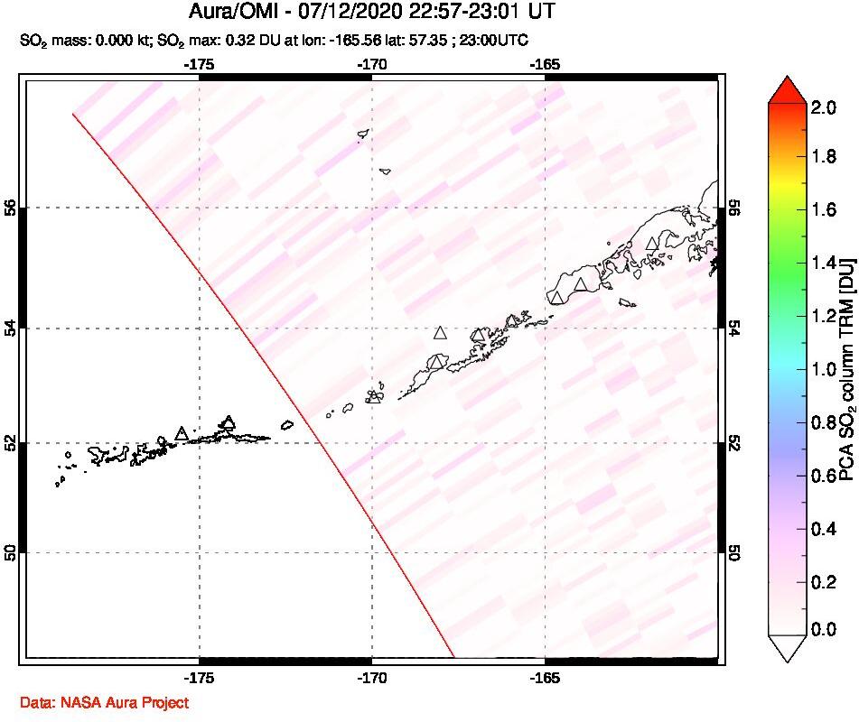 A sulfur dioxide image over Aleutian Islands, Alaska, USA on Jul 12, 2020.