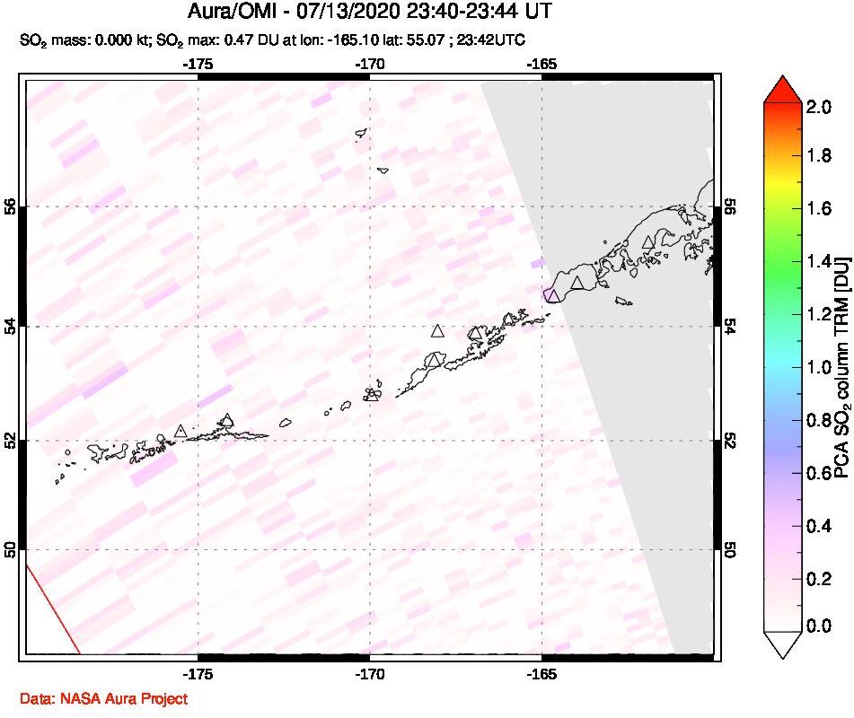 A sulfur dioxide image over Aleutian Islands, Alaska, USA on Jul 13, 2020.