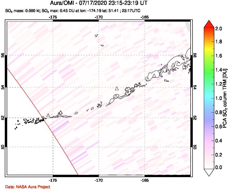 A sulfur dioxide image over Aleutian Islands, Alaska, USA on Jul 17, 2020.