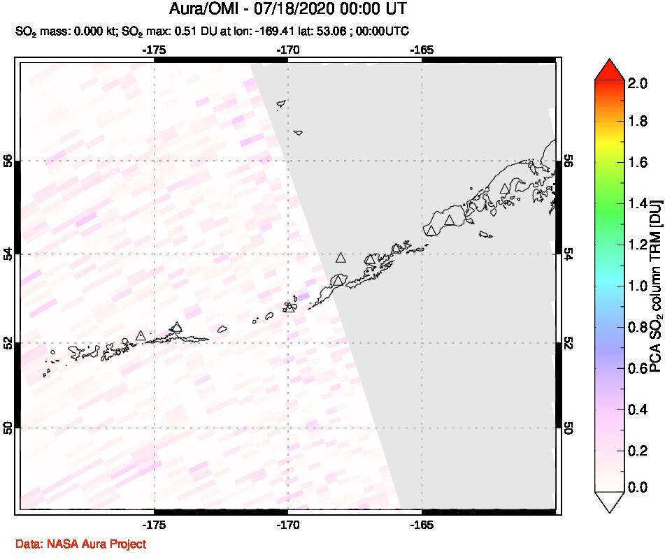 A sulfur dioxide image over Aleutian Islands, Alaska, USA on Jul 18, 2020.