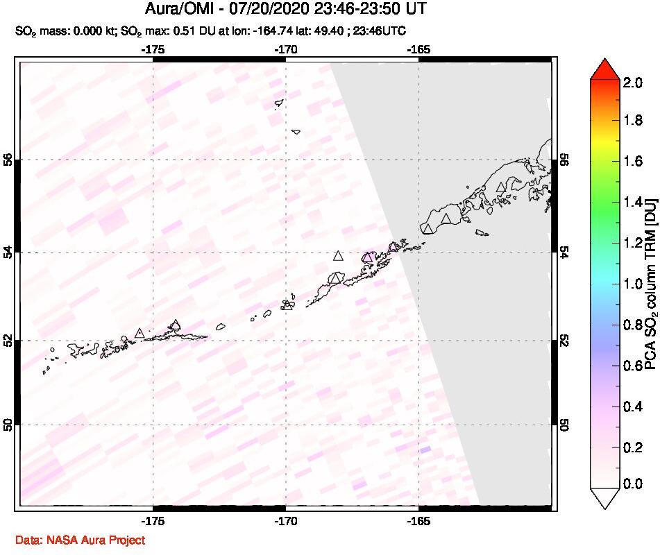 A sulfur dioxide image over Aleutian Islands, Alaska, USA on Jul 20, 2020.