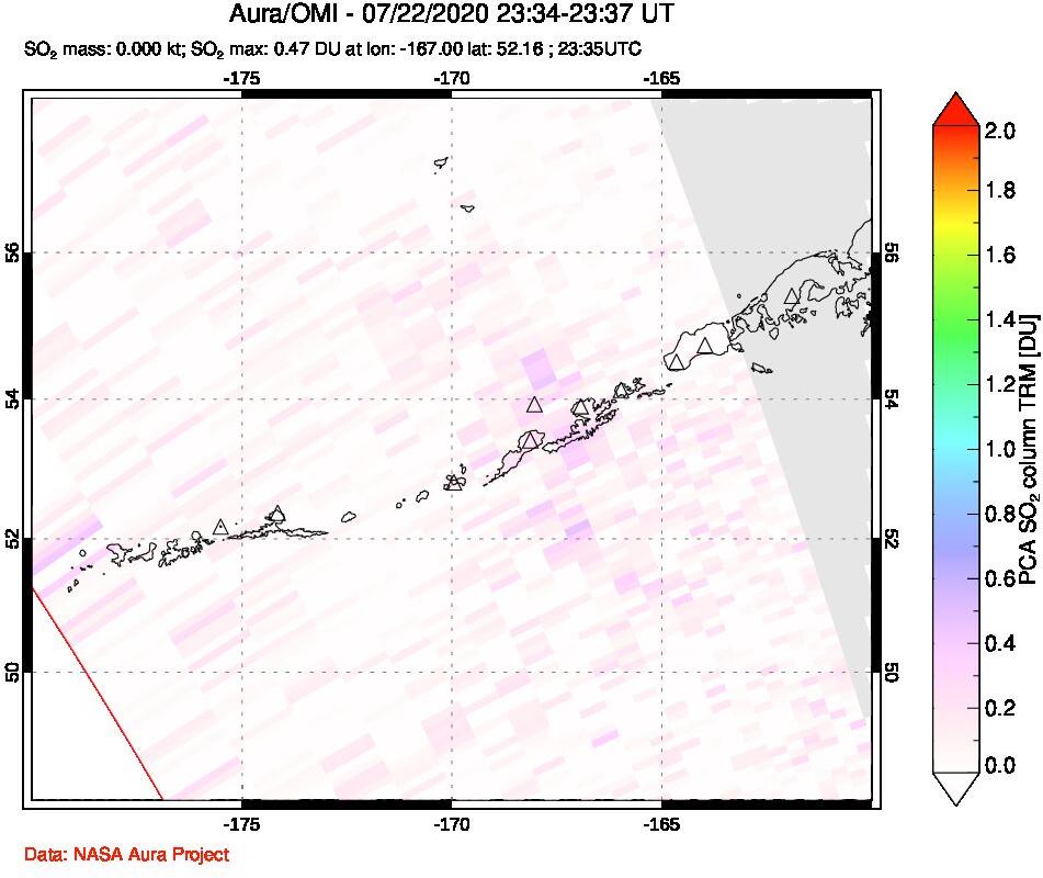 A sulfur dioxide image over Aleutian Islands, Alaska, USA on Jul 22, 2020.