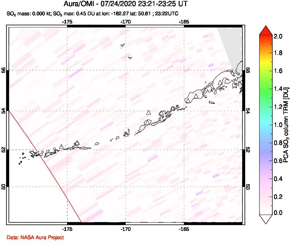 A sulfur dioxide image over Aleutian Islands, Alaska, USA on Jul 24, 2020.