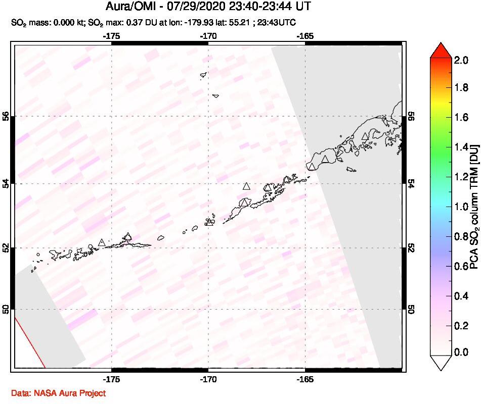 A sulfur dioxide image over Aleutian Islands, Alaska, USA on Jul 29, 2020.
