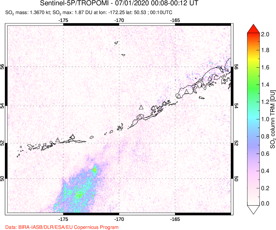 A sulfur dioxide image over Aleutian Islands, Alaska, USA on Jul 01, 2020.