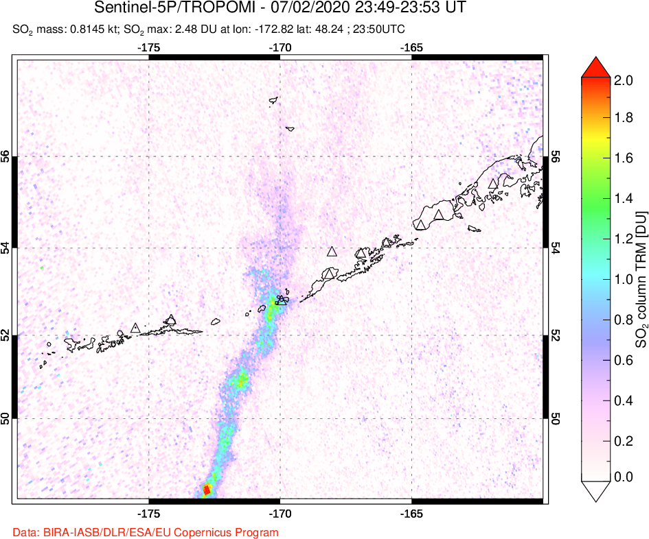 A sulfur dioxide image over Aleutian Islands, Alaska, USA on Jul 02, 2020.