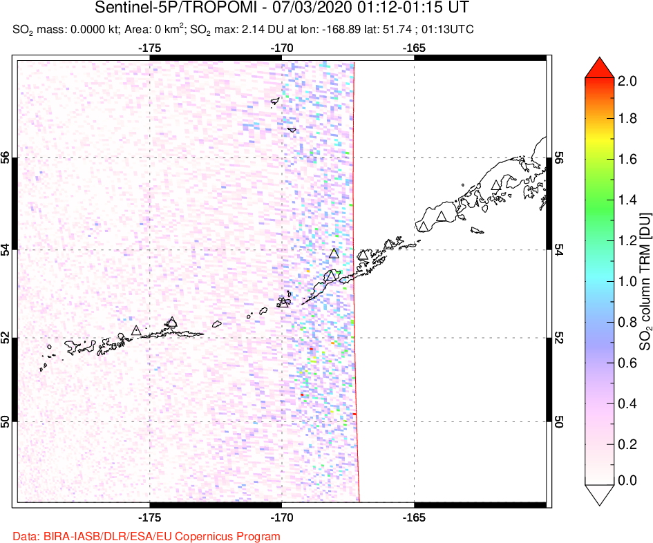 A sulfur dioxide image over Aleutian Islands, Alaska, USA on Jul 03, 2020.