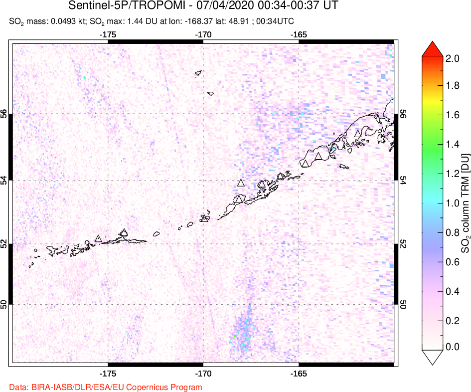 A sulfur dioxide image over Aleutian Islands, Alaska, USA on Jul 04, 2020.