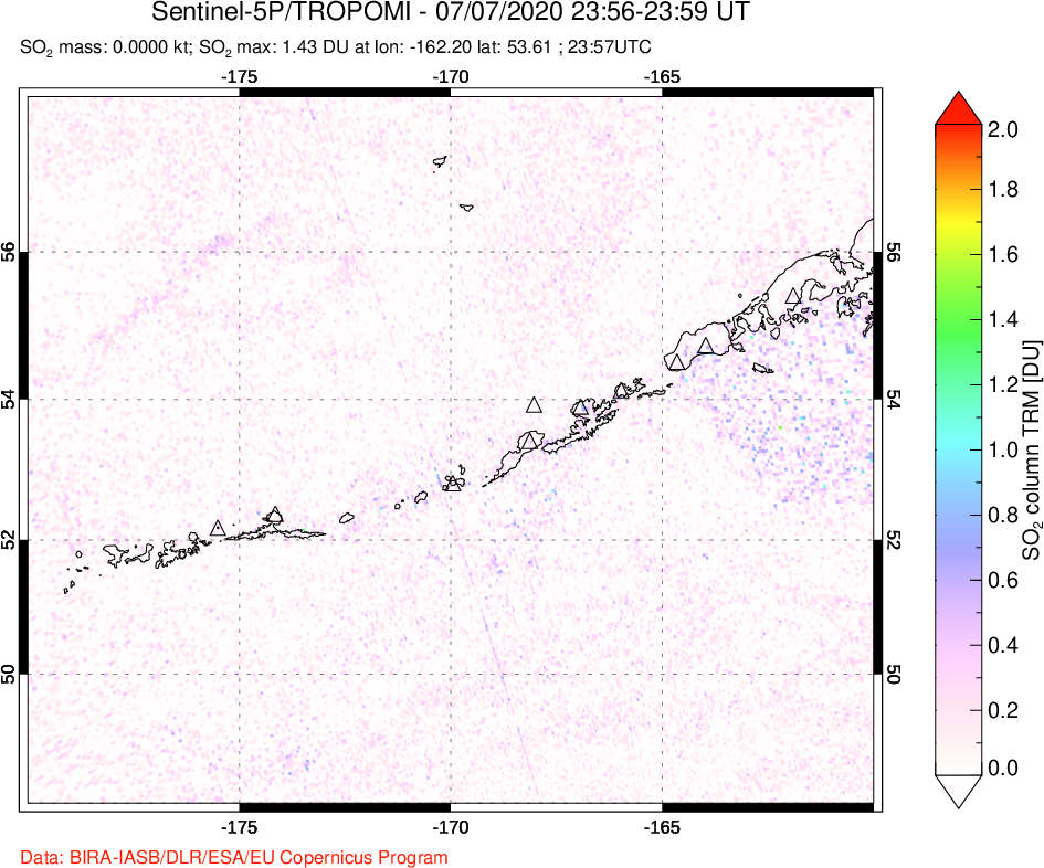 A sulfur dioxide image over Aleutian Islands, Alaska, USA on Jul 07, 2020.