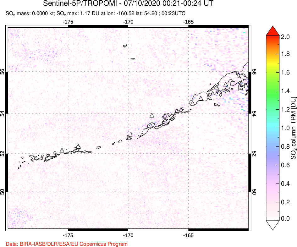 A sulfur dioxide image over Aleutian Islands, Alaska, USA on Jul 10, 2020.