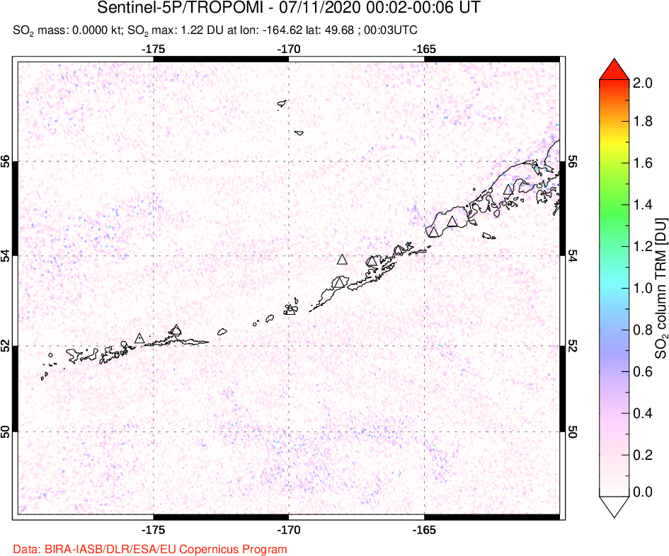 A sulfur dioxide image over Aleutian Islands, Alaska, USA on Jul 11, 2020.