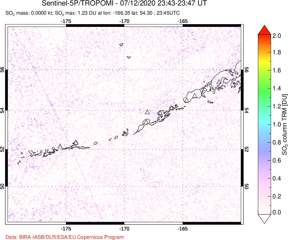 A sulfur dioxide image over Aleutian Islands, Alaska, USA on Jul 12, 2020.