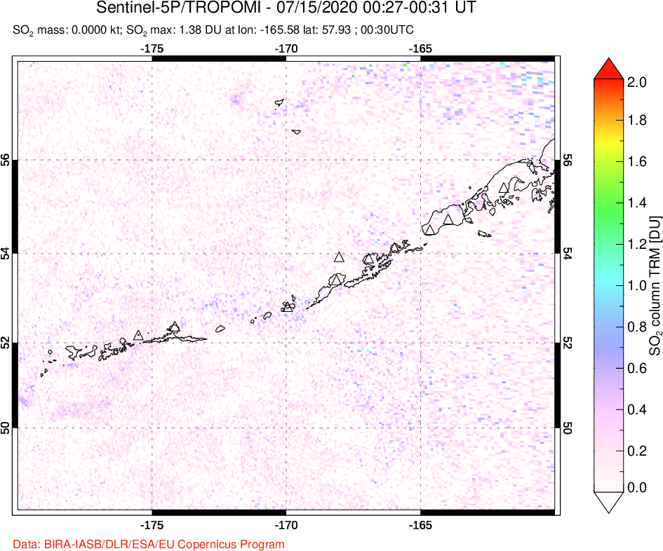 A sulfur dioxide image over Aleutian Islands, Alaska, USA on Jul 15, 2020.