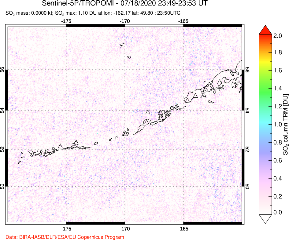 A sulfur dioxide image over Aleutian Islands, Alaska, USA on Jul 18, 2020.