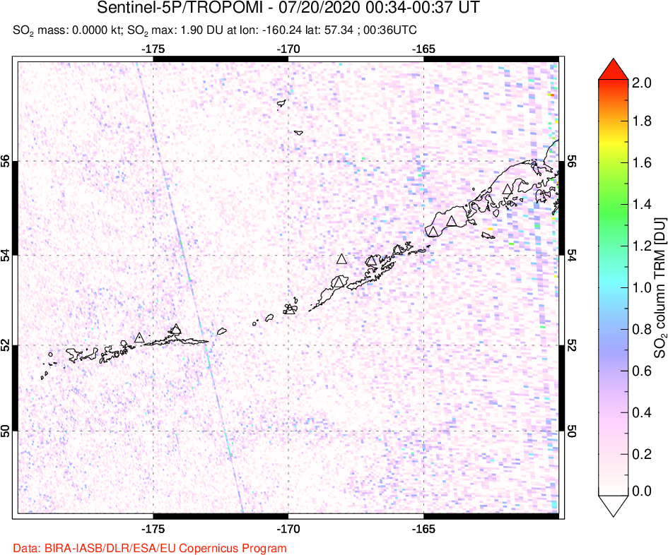 A sulfur dioxide image over Aleutian Islands, Alaska, USA on Jul 20, 2020.
