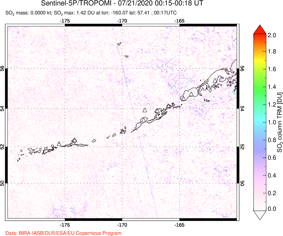 A sulfur dioxide image over Aleutian Islands, Alaska, USA on Jul 21, 2020.